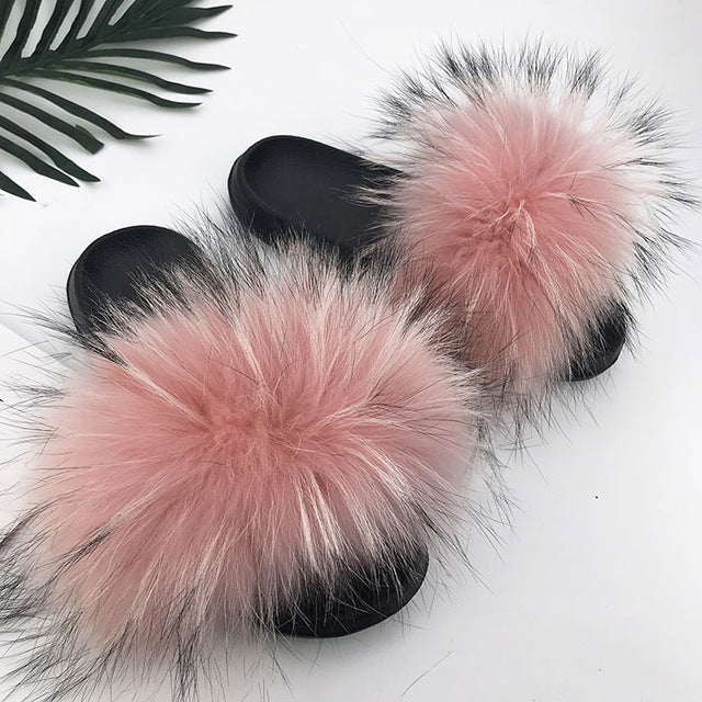 Fur Slippers Warm Fox Fur Slippers For Women Slides Flip Flop Indoor Furry Home Slippers Fluffy Sandals Winter Plush Shoes