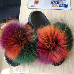 Fur Slippers Warm Fox Fur Slippers For Women Slides Flip Flop Indoor Furry Home Slippers Fluffy Sandals Winter Plush Shoes