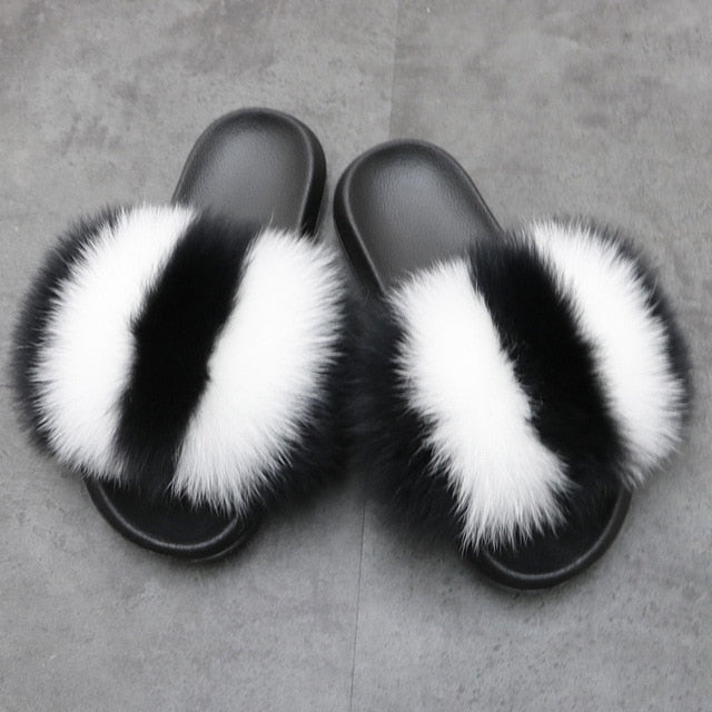 Fur Slippers Warm Fox Fur Slippers For Women Slides Flip Flop Indoor Furry Home Slippers Fluffy Sandals Winter Plush Shoes