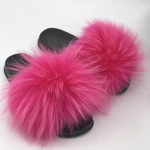 Fur Slippers Warm Fox Fur Slippers For Women Slides Flip Flop Indoor Furry Home Slippers Fluffy Sandals Winter Plush Shoes