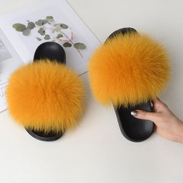 Fur Slippers Warm Fox Fur Slippers For Women Slides Flip Flop Indoor Furry Home Slippers Fluffy Sandals Winter Plush Shoes