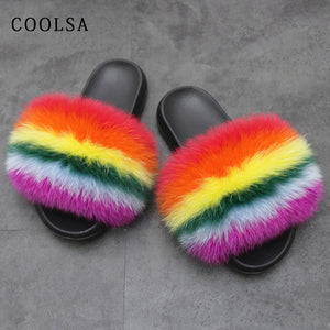 Fur Slippers Warm Fox Fur Slippers For Women Slides Flip Flop Indoor Furry Home Slippers Fluffy Sandals Winter Plush Shoes