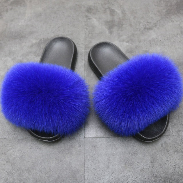 Fur Slippers Warm Fox Fur Slippers For Women Slides Flip Flop Indoor Furry Home Slippers Fluffy Sandals Winter Plush Shoes