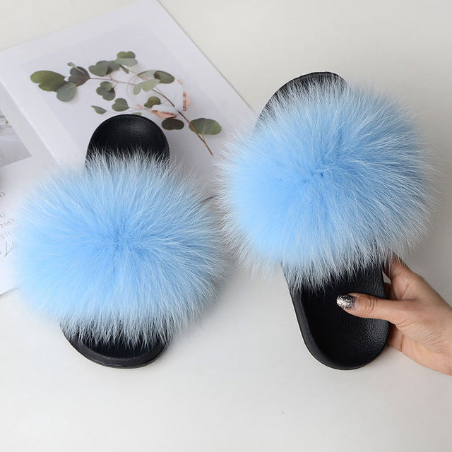 Fur Slippers Warm Fox Fur Slippers For Women Slides Flip Flop Indoor Furry Home Slippers Fluffy Sandals Winter Plush Shoes