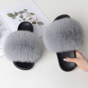 Fur Slippers Warm Fox Fur Slippers For Women Slides Flip Flop Indoor Furry Home Slippers Fluffy Sandals Winter Plush Shoes