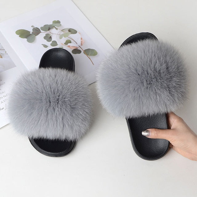 Fur Slippers Warm Fox Fur Slippers For Women Slides Flip Flop Indoor Furry Home Slippers Fluffy Sandals Winter Plush Shoes