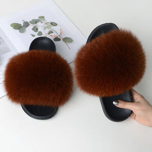 Fur Slippers Warm Fox Fur Slippers For Women Slides Flip Flop Indoor Furry Home Slippers Fluffy Sandals Winter Plush Shoes