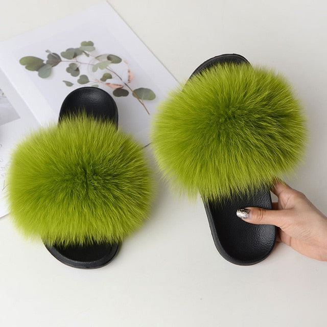 Fur Slippers Warm Fox Fur Slippers For Women Slides Flip Flop Indoor Furry Home Slippers Fluffy Sandals Winter Plush Shoes