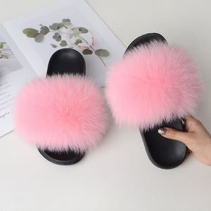 Fur Slippers Warm Fox Fur Slippers For Women Slides Flip Flop Indoor Furry Home Slippers Fluffy Sandals Winter Plush Shoes