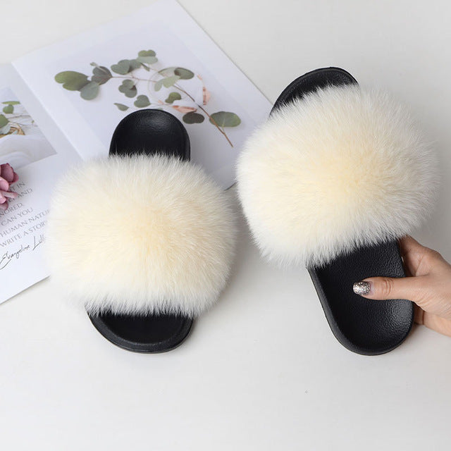 Fur Slippers Warm Fox Fur Slippers For Women Slides Flip Flop Indoor Furry Home Slippers Fluffy Sandals Winter Plush Shoes