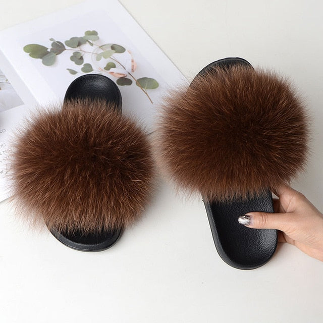 Fur Slippers Warm Fox Fur Slippers For Women Slides Flip Flop Indoor Furry Home Slippers Fluffy Sandals Winter Plush Shoes