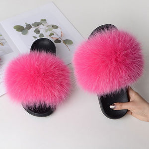 Fur Slippers Warm Fox Fur Slippers For Women Slides Flip Flop Indoor Furry Home Slippers Fluffy Sandals Winter Plush Shoes