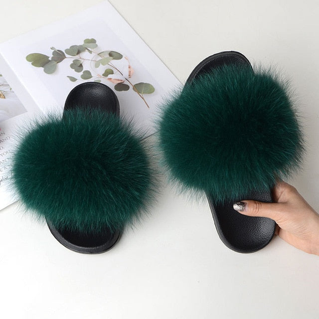 Fur Slippers Warm Fox Fur Slippers For Women Slides Flip Flop Indoor Furry Home Slippers Fluffy Sandals Winter Plush Shoes