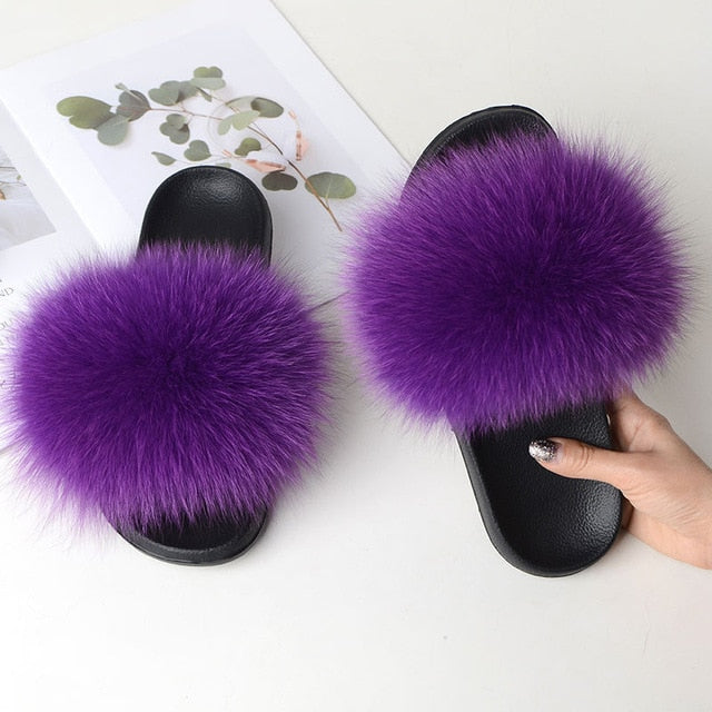 Fur Slippers Warm Fox Fur Slippers For Women Slides Flip Flop Indoor Furry Home Slippers Fluffy Sandals Winter Plush Shoes