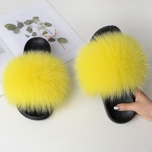 Fur Slippers Warm Fox Fur Slippers For Women Slides Flip Flop Indoor Furry Home Slippers Fluffy Sandals Winter Plush Shoes