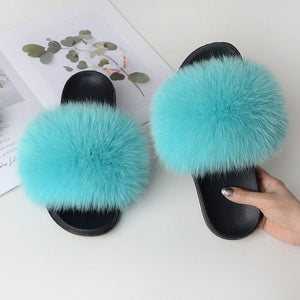 Fur Slippers Warm Fox Fur Slippers For Women Slides Flip Flop Indoor Furry Home Slippers Fluffy Sandals Winter Plush Shoes