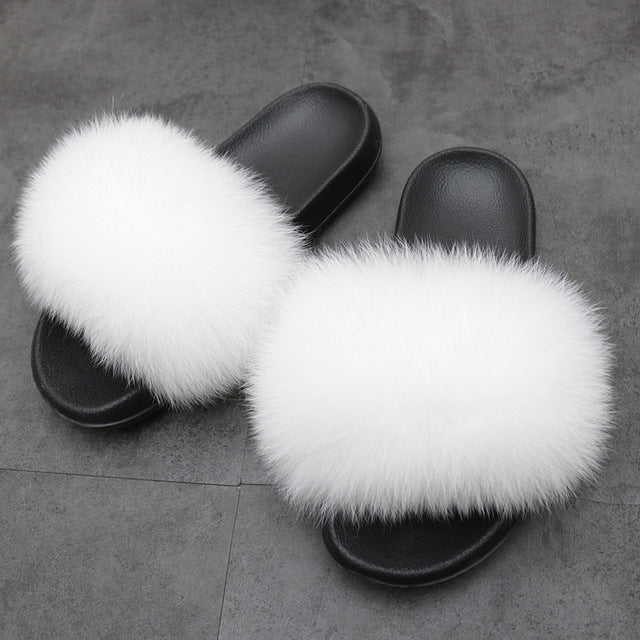 Fur Slippers Warm Fox Fur Slippers For Women Slides Flip Flop Indoor Furry Home Slippers Fluffy Sandals Winter Plush Shoes