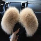 Fur Slippers Warm Fox Fur Slippers For Women Slides Flip Flop Indoor Furry Home Slippers Fluffy Sandals Winter Plush Shoes