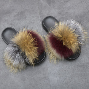 Fur Slippers Warm Fox Fur Slippers For Women Slides Flip Flop Indoor Furry Home Slippers Fluffy Sandals Winter Plush Shoes