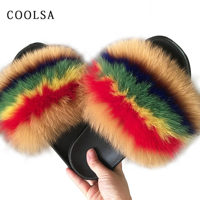 Fur Slippers Warm Fox Fur Slippers For Women Slides Flip Flop Indoor Furry Home Slippers Fluffy Sandals Winter Plush Shoes