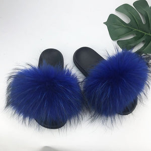 Fur Slippers Warm Fox Fur Slippers For Women Slides Flip Flop Indoor Furry Home Slippers Fluffy Sandals Winter Plush Shoes