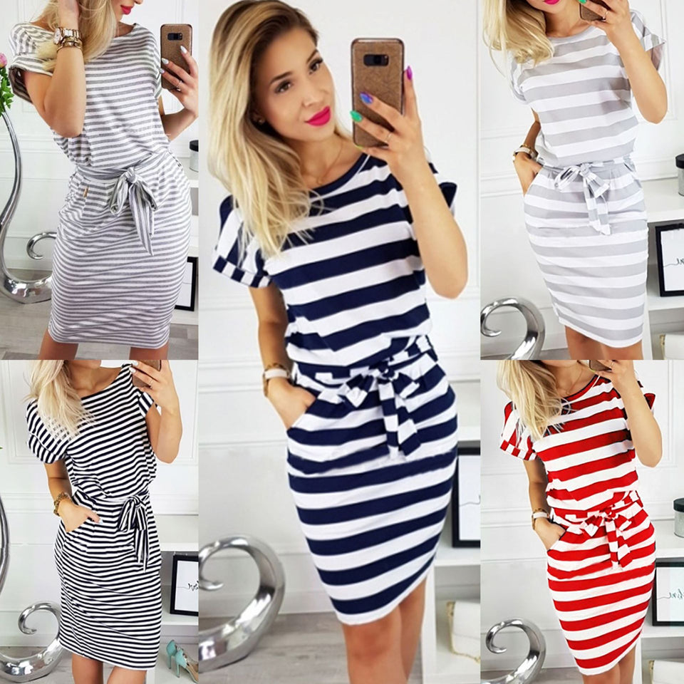 Blue Short Sleeve Casual Striped Shirt Dress For Women