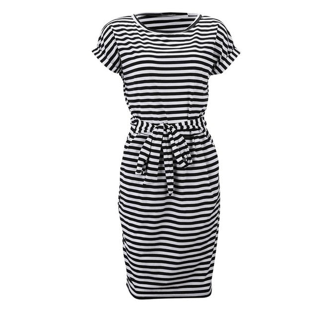 Blue Short Sleeve Casual Striped Shirt Dress For Women