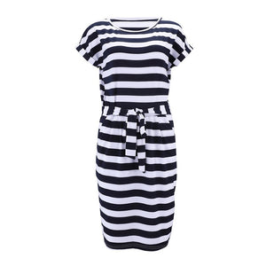 Blue Short Sleeve Casual Striped Shirt Dress For Women