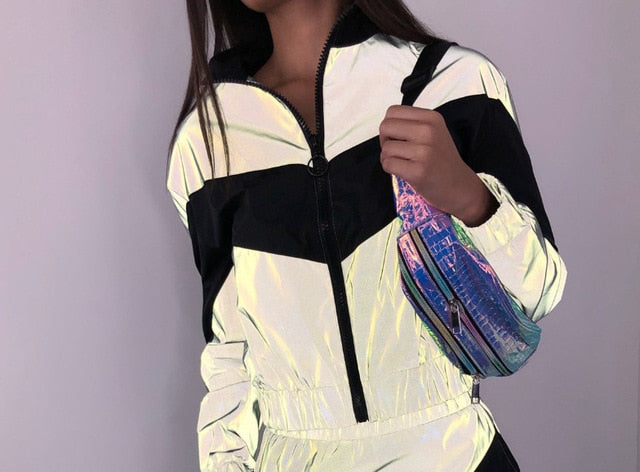 Women Tracksuits 2 Piece Set Reflective Top and bottom Fashion Jacket