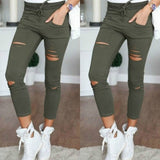 Women Skinny Jeans Pants Holes Knees Pencil Casual Elastic Shredded Ripped Jeans