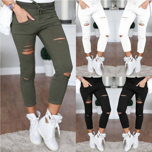 Women Skinny Jeans Pants Holes Knees Pencil Casual Elastic Shredded Ripped Jeans