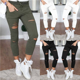 Women Skinny Jeans Pants Holes Knees Pencil Casual Elastic Shredded Ripped Jeans