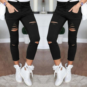 Women Skinny Jeans Pants Holes Knees Pencil Casual Elastic Shredded Ripped Jeans