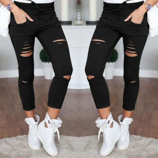 Women Skinny Jeans Pants Holes Knees Pencil Casual Elastic Shredded Ripped Jeans