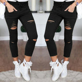 Women Skinny Jeans Pants Holes Knees Pencil Casual Elastic Shredded Ripped Jeans