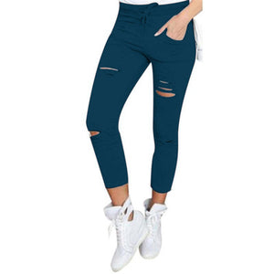 Women Skinny Jeans Pants Holes Knees Pencil Casual Elastic Shredded Ripped Jeans