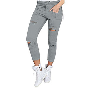 Women Skinny Jeans Pants Holes Knees Pencil Casual Elastic Shredded Ripped Jeans