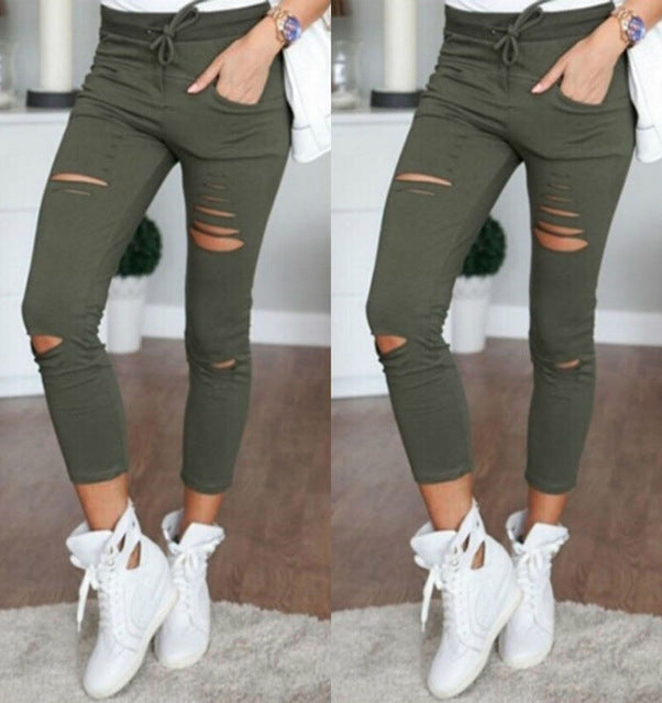 Women Skinny Jeans Pants Holes Knees Pencil Casual Elastic Shredded Ripped Jeans