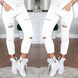 Women Skinny Jeans Pants Holes Knees Pencil Casual Elastic Shredded Ripped Jeans