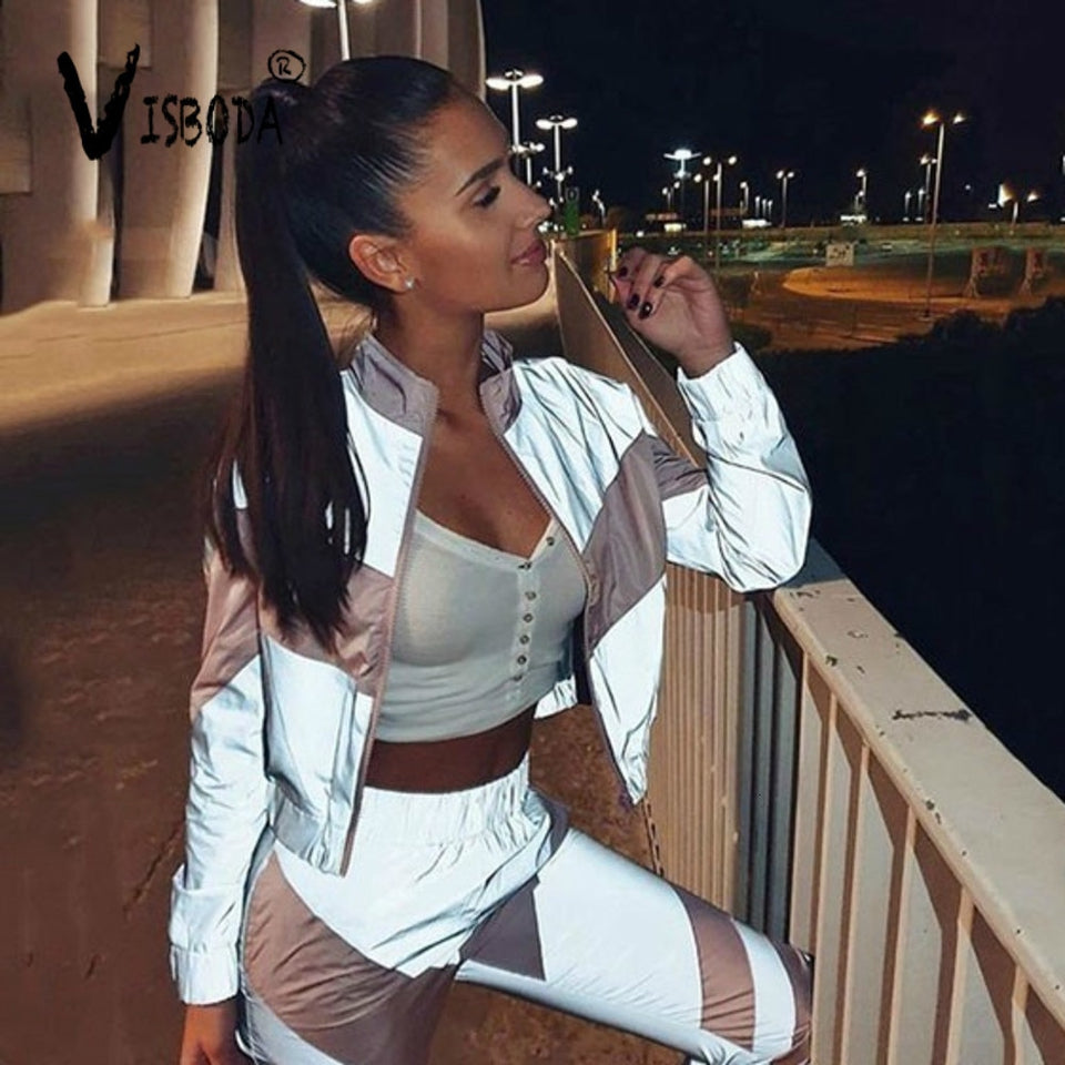 Women Tracksuits 2 Piece Set Reflective Top and bottom Fashion Jacket