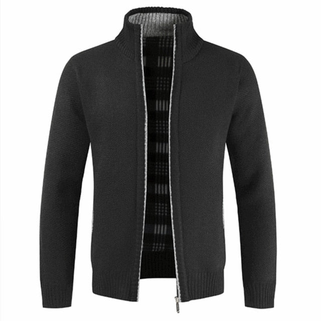 Men's Jacket Slim Fit Stand Collar Zipper Solid Cotton Thick Warm Sweater