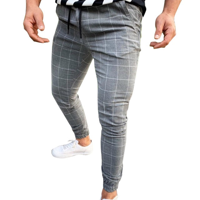 Men Casual Skinny Jogging Joggers Slim Fit Tracksuit Sport Sweat Plaid Pants Trousers NFE99