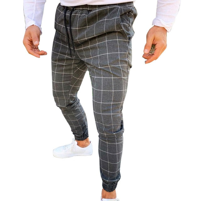 Men Casual Skinny Jogging Joggers Slim Fit Tracksuit Sport Sweat Plaid Pants Trousers NFE99