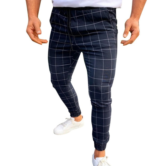 Men Casual Skinny Jogging Joggers Slim Fit Tracksuit Sport Sweat Plaid Pants Trousers NFE99