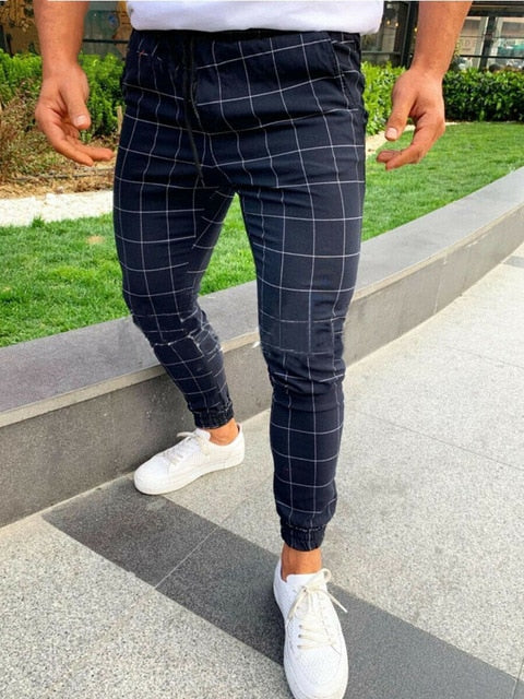 Fashion Men's Casual Plaid Pants Twill Jogger Urban Hip Hop Harem Trousers Pencil Streetwear Slim