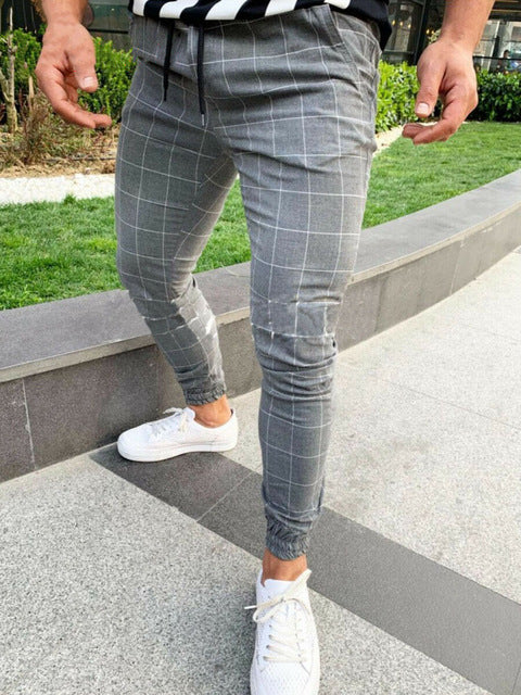 Fashion Men's Casual Plaid Pants Twill Jogger Urban Hip Hop Harem Trousers Pencil Streetwear Slim