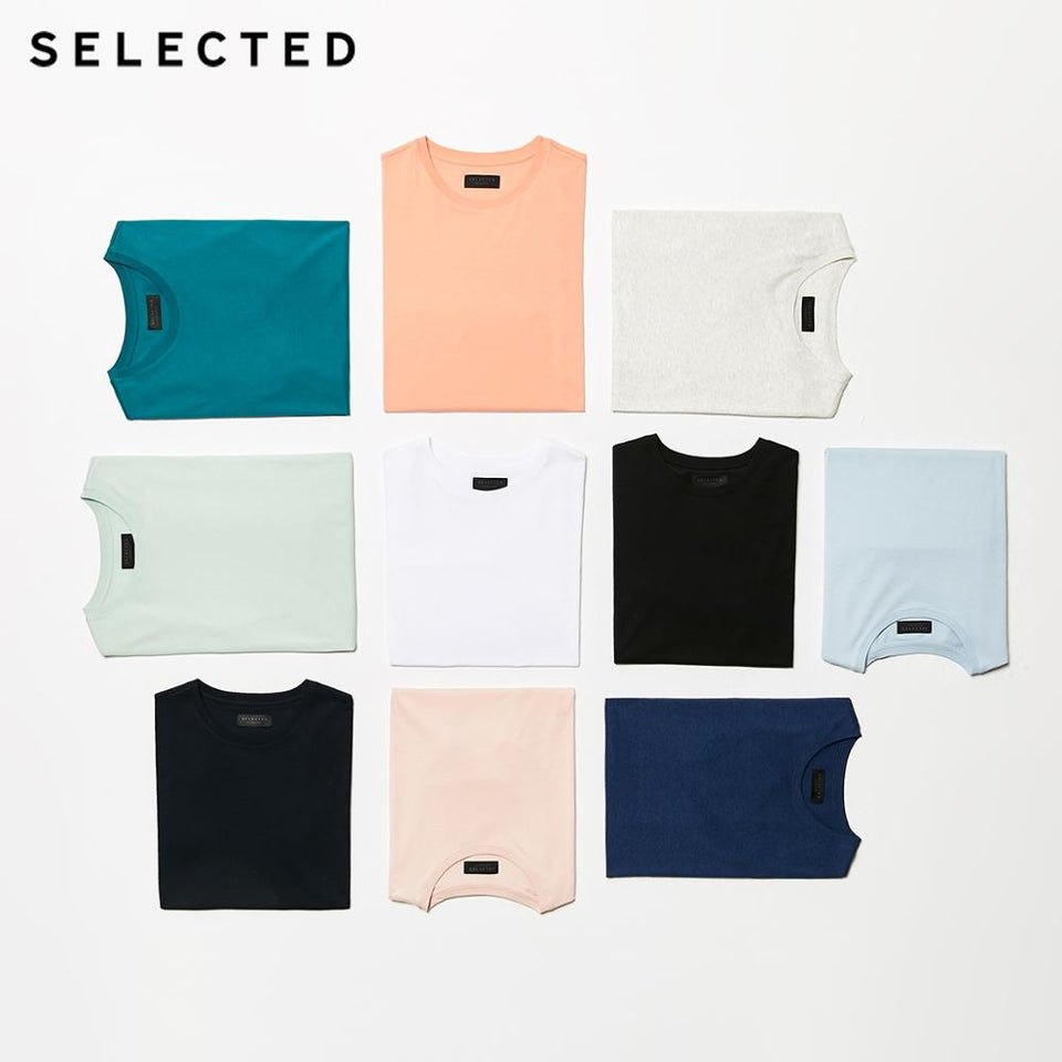 SELECTED Men's Summer 100% Cotton Pure Color Round Neckline Short-sleeved T-shirt S|419201508