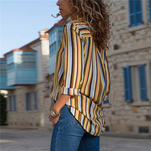 Women Printing Blouses Fashion Ladies Chic V Neck Button Long Sleeve Shirt Tops Blouse  Big Size Shirts