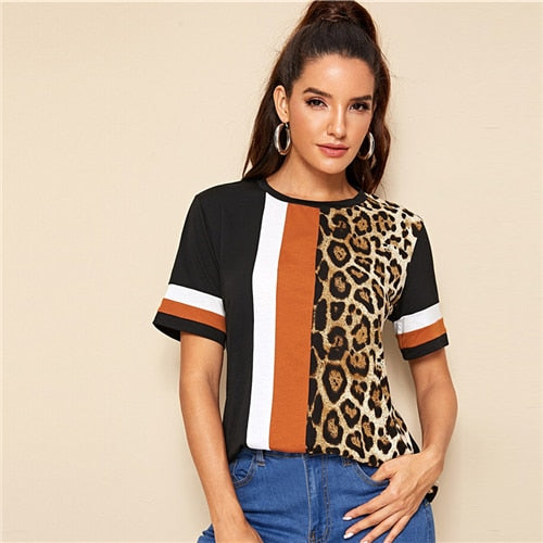 Cut-and-Sew Leopard Panel Top Short