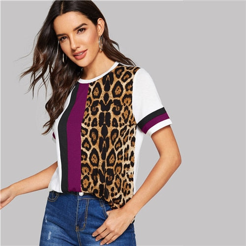 Cut-and-Sew Leopard Panel Top Short